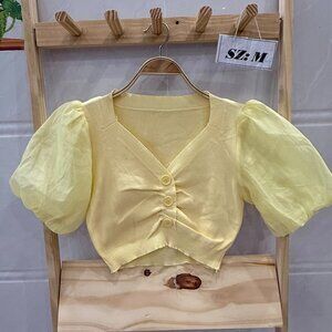 Butter Yellow Puff Sleeve Ruched Button Crop Top Cute Feminine Summer Tee